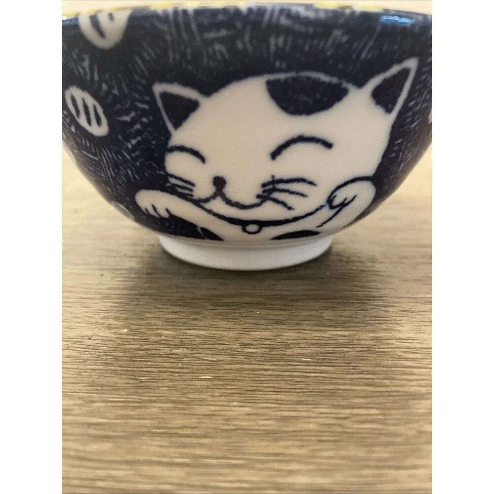 Japanese Porcelain Rice Bowl Blue Cute Kitty Cat Soup Ramen Made in Japan 6”